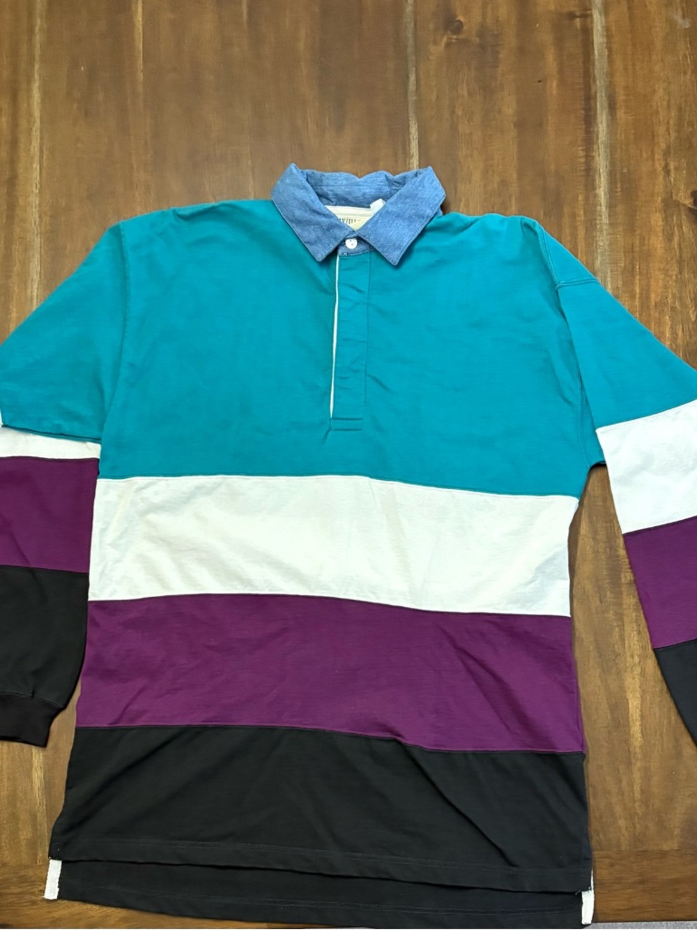 Vintage- Men's Teal, Purple & White Colorblock Long-Sleeve Rugby Shirt